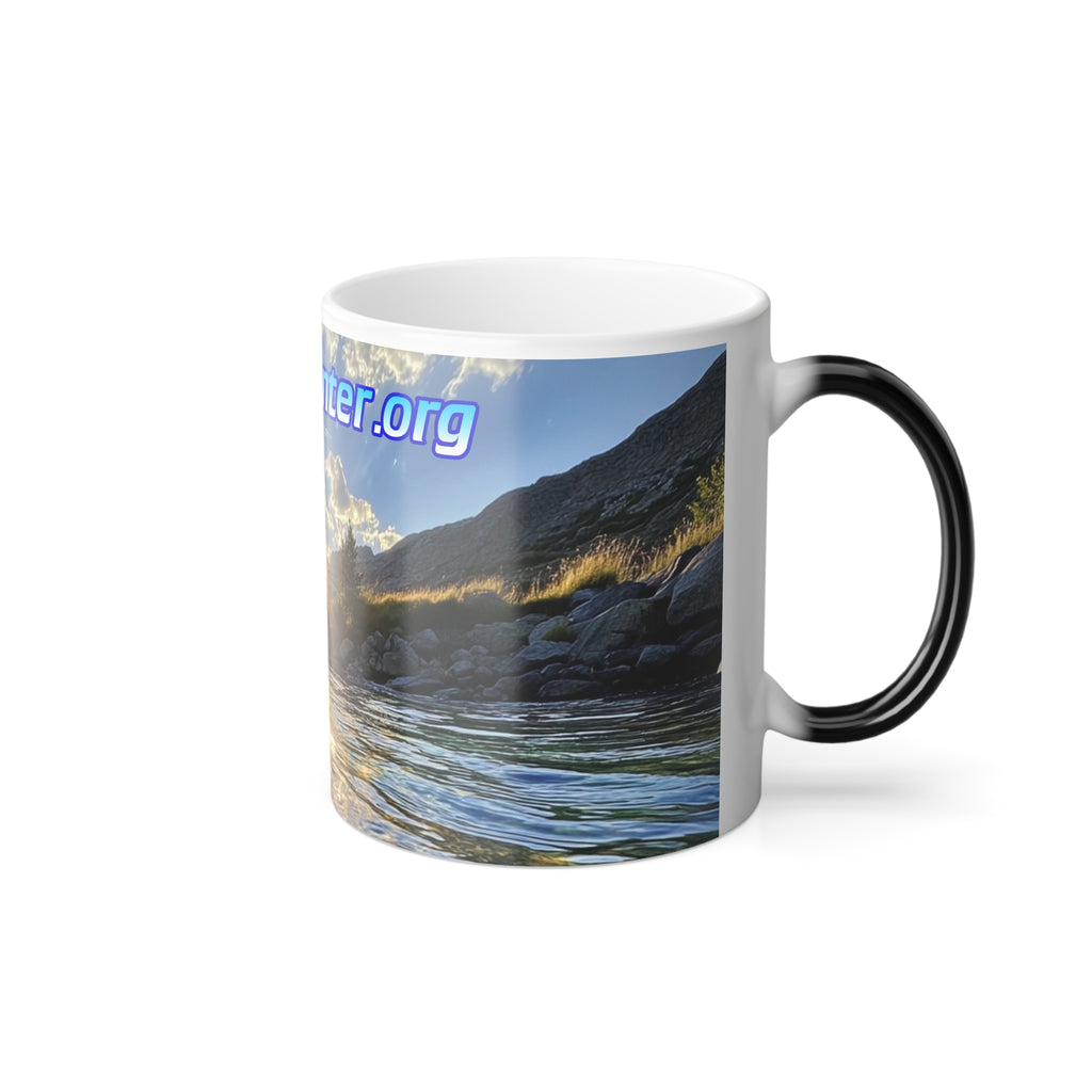 Color Morphing Mug — Scenic River Sunset  with pHenohunter Logo (11oz)