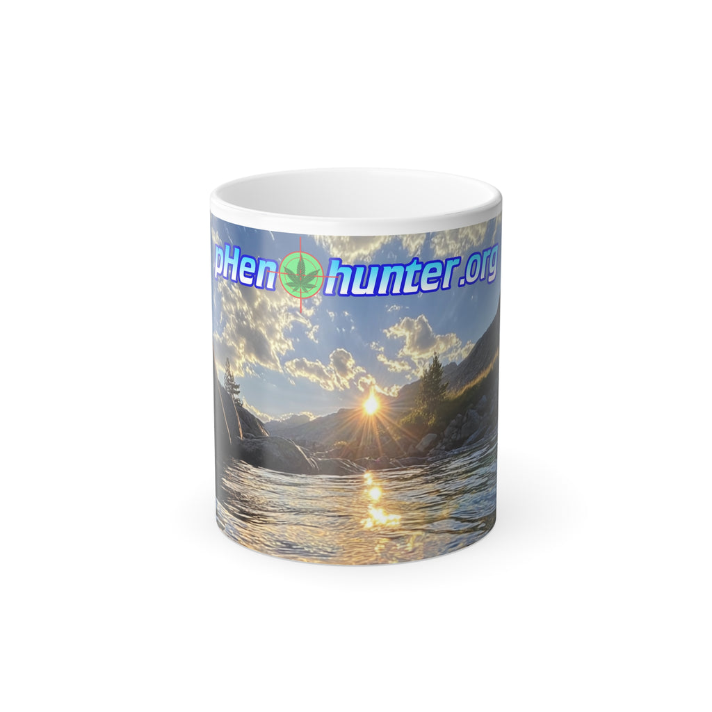 Color Morphing Mug — Scenic River Sunset  with pHenohunter Logo (11oz)