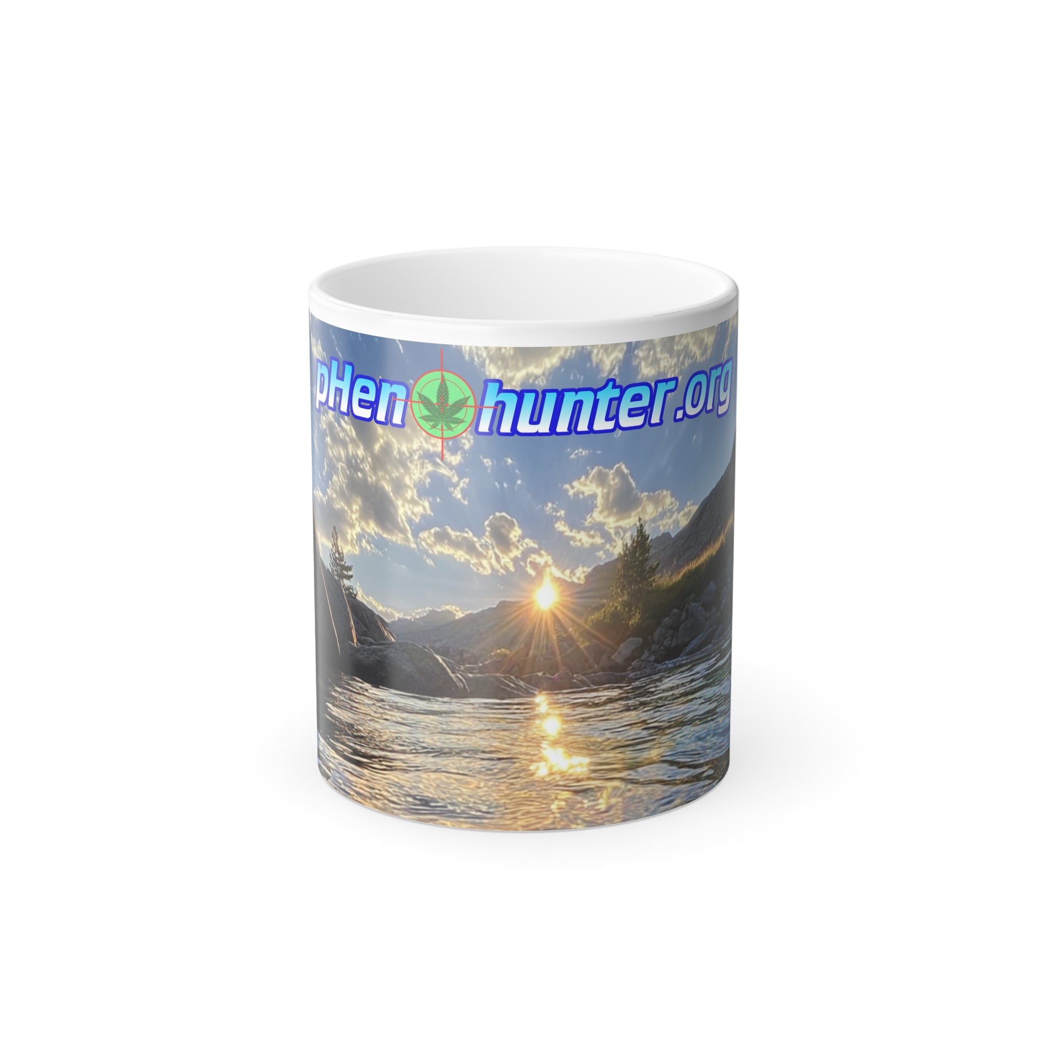 Color Morphing Mug — Scenic River Sunset  with pHenohunter Logo (11oz)