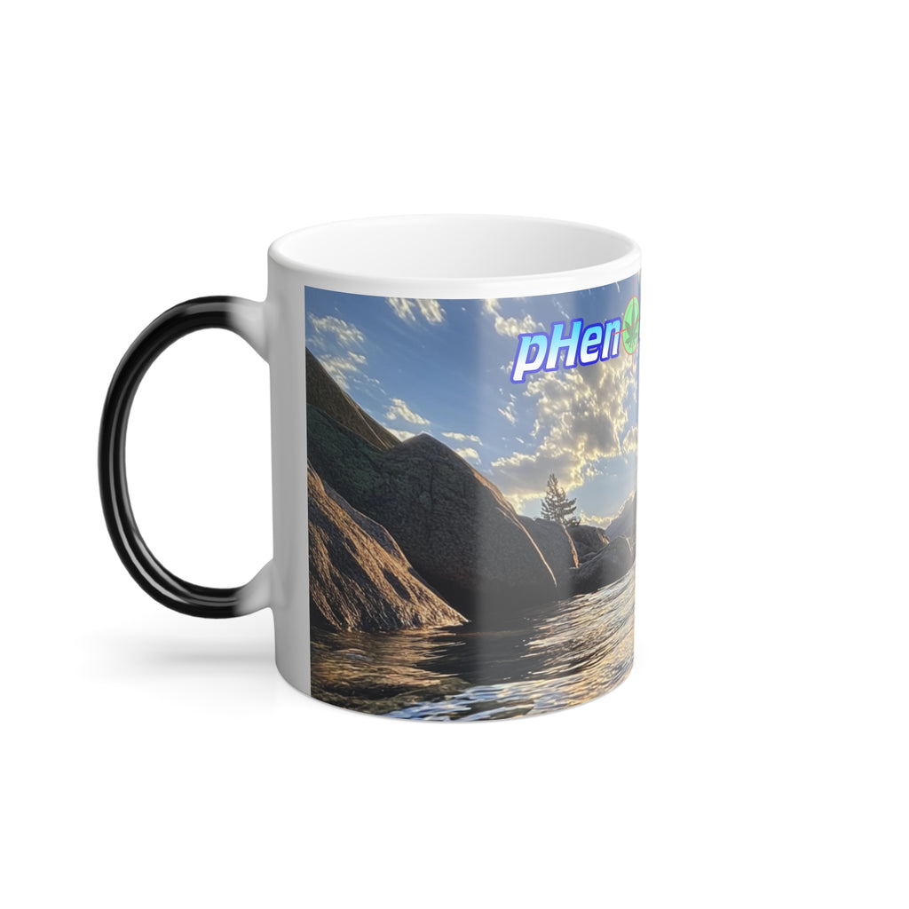 Color Morphing Mug — Scenic River Sunset  with pHenohunter Logo (11oz)