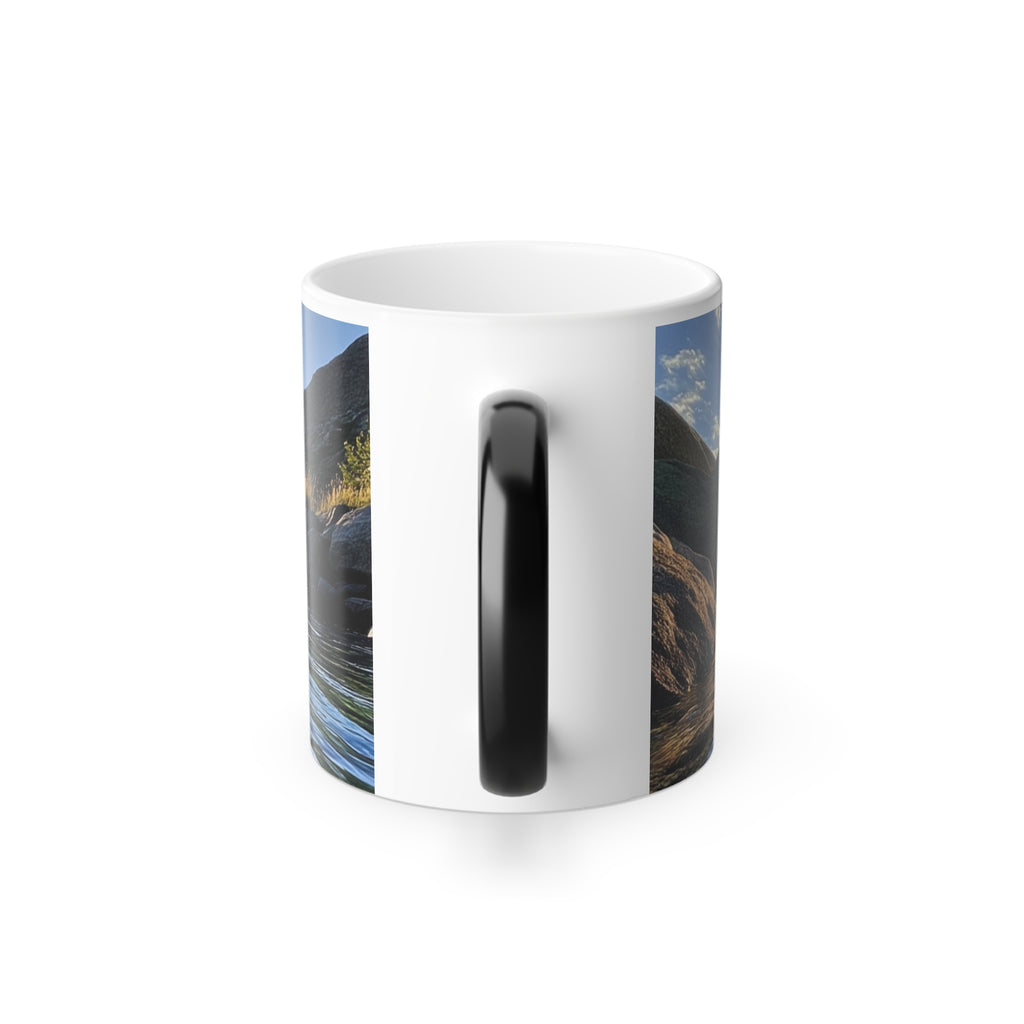 Color Morphing Mug — Scenic River Sunset  with pHenohunter Logo (11oz)