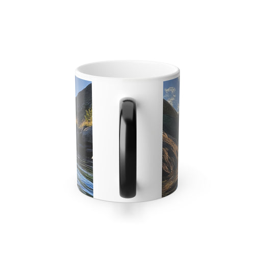 Color Morphing Mug — Scenic River Sunset  with pHenohunter Logo (11oz)